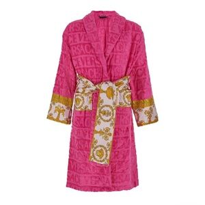 Versace Hot Pink Logo Terry Robe with Gold Baroque Accents